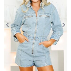 Le Lis Light Blue Denim Jumpsuit size XS moto style